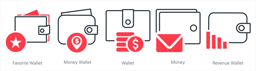 A set of 5 business icons as favorite wallet, money wallet, wallet