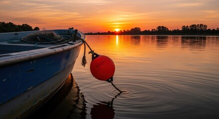 A red buoy floating on calm water with a boat in the background at sunset.