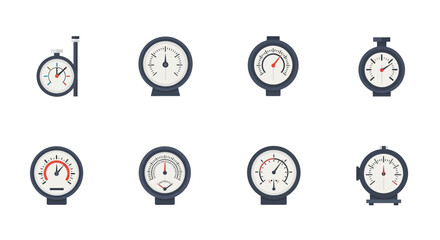 Collection of stylized pressure gauges and meters showcasing diverse measurement values and designs