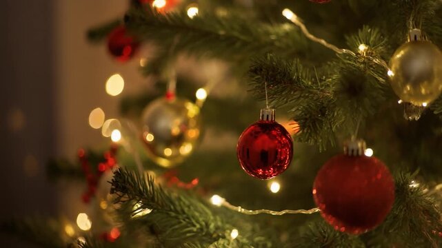 Close-up view of a festive Christmas tree adorned with shiny red and gold baubles and twinkling warm white string lights, creating a cozy holiday atmosphere.