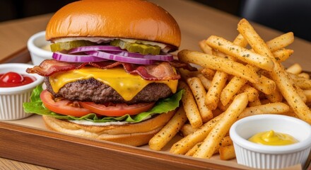 A delicious cheeseburger with bacon, lettuce, tomato, and pickles, served with a side of fries and ketchup.