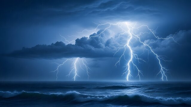Dramatic lightning strikes over the ocean during a powerful thunderstorm at night - Powered by Adobe