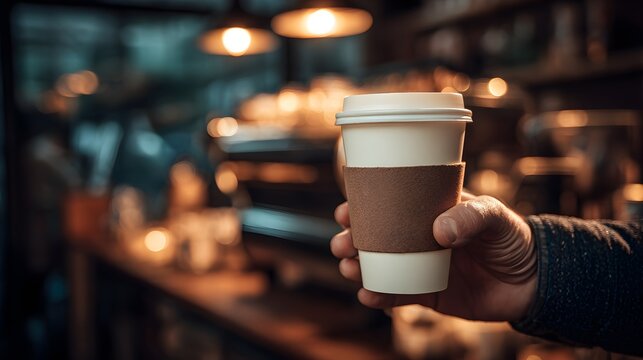 Hand holding takeaway coffee cup in cozy cafe, warm lighting, morning routine concept - Powered by Adobe