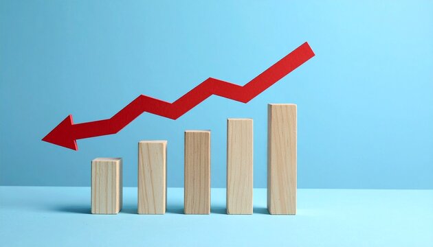 Four white bars descend under a red arrow—ritual of decline and data choreography, where vertical forms and zigzag motion trace the emotional architecture of loss, shift, and statistical gravity.