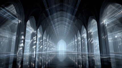 Futuristic gothic cathedral interior with glowing neon lines, digital art, abstract architecture, and light trails.