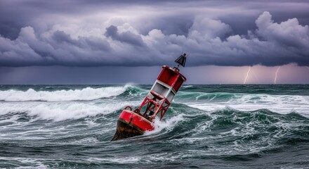 A red and white buoy floating in the ocean with lightning in the background.