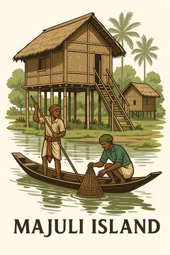 Majuli Island cultural elements, bamboo houses and fishermen