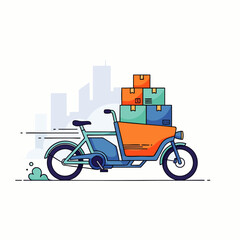 A modern cargo e-bike efficiently transports multiple packages through an urban environment, symbolizing sustainable last-mile delivery services.