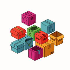 Obraz premium An engaging isometric illustration depicting a colorful assortment of cardboard boxes, some open with icons, representing diverse packaging and storage concepts.