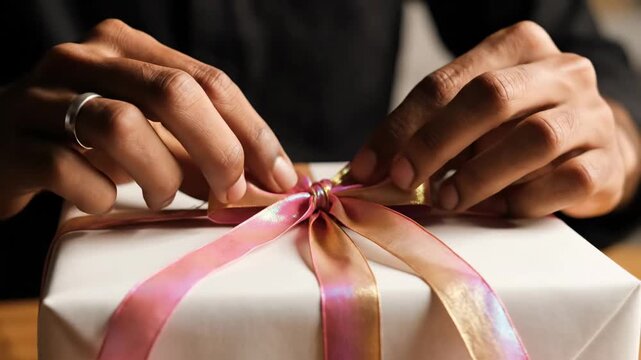 Close up of hands tying a pink and gold ribbon on a white gift box for a special occasion like a birthday or holiday creating a feeling of anticipation and excitement for the recipient