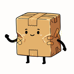 This delightful and whimsical cartoon cardboard box mascot, with a smiling face and welcoming wave, symbolizes efficient and friendly package delivery services.