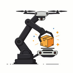 An advanced robotic arm, integrated with a modern drone system, efficiently handles a package, symbolizing innovative automated delivery and logistics solutions.