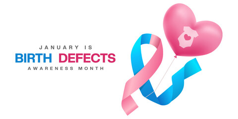 January Is Birth Defects Awareness month. Ribbon, heart balloon and more. Great for cards, banners, posters, social media and more. White background.   