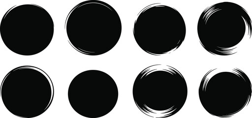 Brushstroke circle icon set, abstract round shape, black vector graphic, artistic border design, isolated on white background