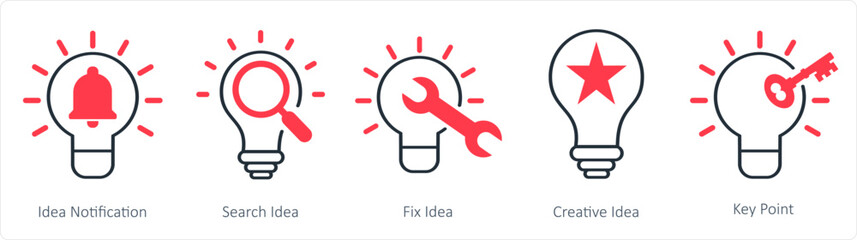 A set of 5 business icons as idea notification, search idea, fix idea