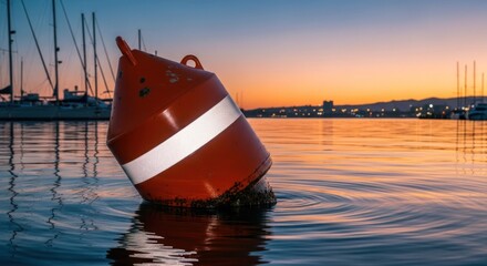 A red buoy floating in calm water at sunset.