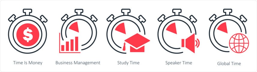 A set of 5 business icons as time is money, business management, study time