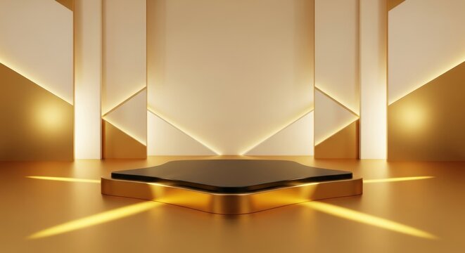 A modern, minimalist stage with a black podium and golden accents, illuminated by soft lighting. - Powered by Adobe