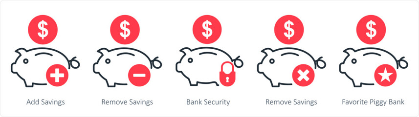 A set of 5 business icons as add savings, remove savings, bank security