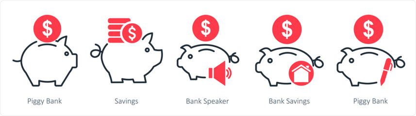 A set of 5 business icons as piggy bank, savings, bank speaker