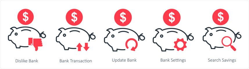 A set of 5 business icons as dislike bank, bank transaction, update bank
