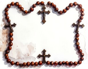Wooden rosary with ornate crosses against a watercolor backdrop