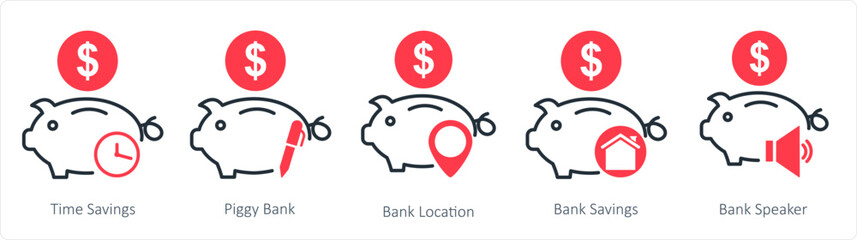 A set of 5 business icons as time savings, piggy bank, bank location