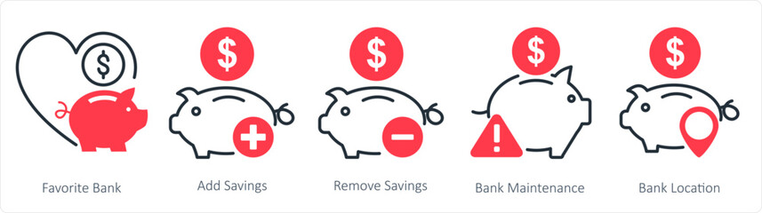A set of 5 business icons as favorite bank, add savings, remove savings