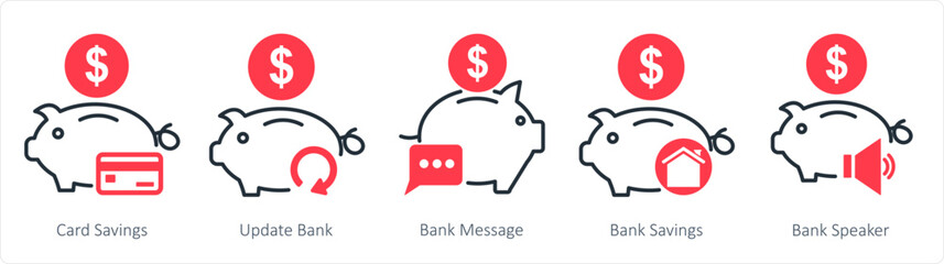 A set of 5 business icons as card savings, update bank, bank message