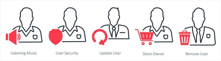 A set of 5 business icons as listening music, user security, update user