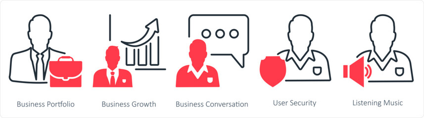 A set of 5 business icons as business portfolio, business growth, business conversation
