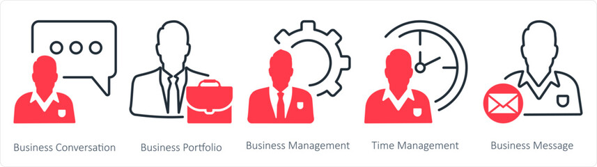 A set of 5 business icons as business conversation, business portfolio, business management