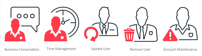 A set of 5 business icons as business conversation, time management, update user
