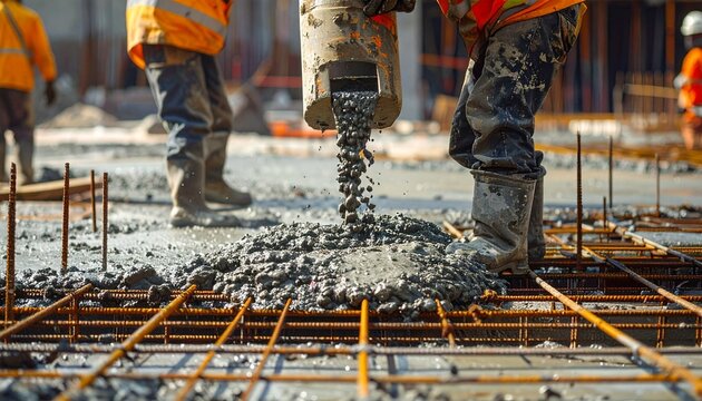 Workers spread concrete over rebar—ritual of labor and precision, where wet surfaces and bent bodies choreograph the foundational choreography of teamwork, structure, and built intention.