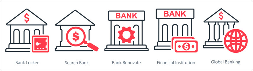 A set of 5 business icons as bank locker, search bank, bank renovate