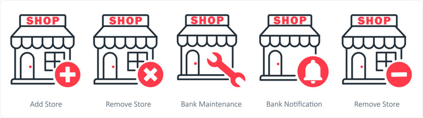A set of 5 business icons as add store, remove store, bank maintenance