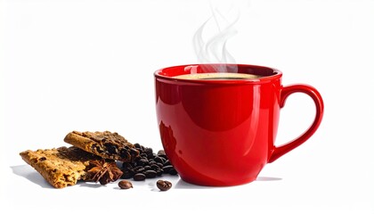 A red ceramic coffee mug releases steam—ritual of warmth and pause, where glossy curves and rising vapor choreograph the quiet comfort of daily rhythm and emotional stillness.