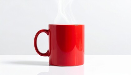 A red ceramic coffee mug releases steam—ritual of warmth and pause, where glossy curves and rising vapor choreograph the quiet comfort of daily rhythm and emotional stillness.