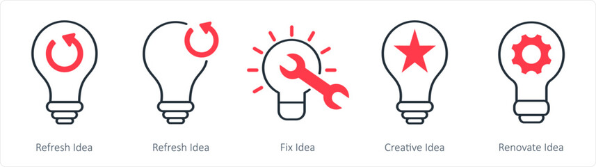 A set of 5 business icons as refresh idea, fix idea, creative idea