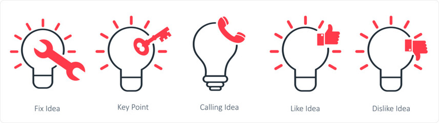 A set of 5 business icons as fix idea, key point, calling idea
