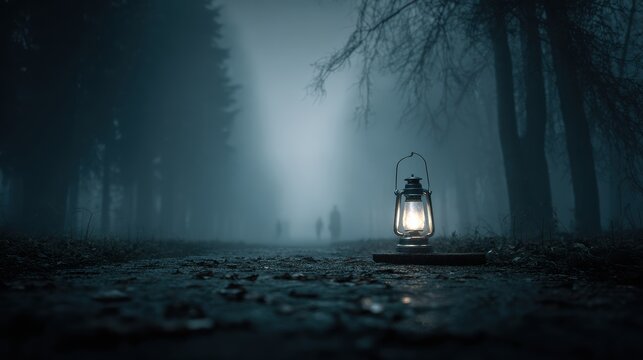 A vintage lantern illuminates a foggy path, casting an eerie glow at twilight.