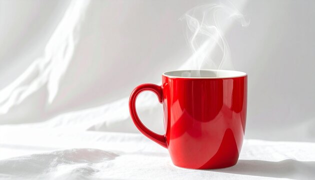 A red ceramic coffee mug releases steam—ritual of warmth and pause, where glossy curves and rising vapor choreograph the quiet comfort of daily rhythm and emotional stillness.