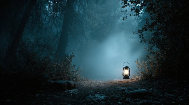 Eerie lantern light glows softly through the misty forest path in the night
