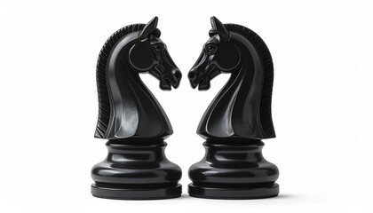 Two black knight chess pieces face each other—mirrored tension of strategy and symbolism, where equine forms choreograph the silent duel of intellect and calculated movement.