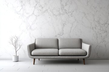 Fototapeta premium Minimalist room with a gray sofa against a white marble wall.