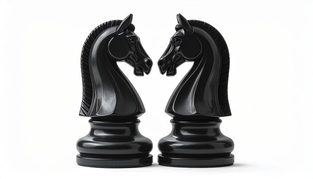 Two black knight chess pieces face each other&mdash;mirrored tension of strategy and symbolism, where equine forms choreograph the silent duel of intellect and calculated movement.