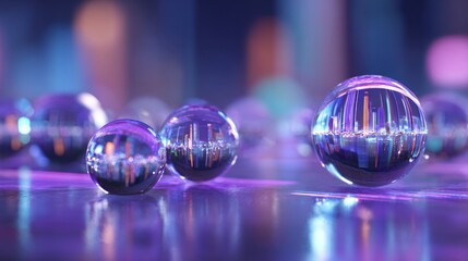A trio of crystal balls reflect a vibrant city skyline under a purple glow.
