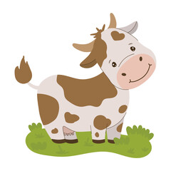 Cheerful cartoon cow stands on green grass, showcasing a playful expression. Ideal for farm-themed designs, educational materials, and children s projects. Vector illustration format.