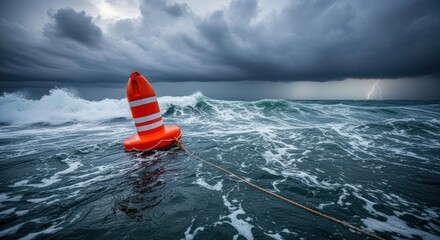 A traffic cone floating in the ocean with waves and a lightning storm in the background.