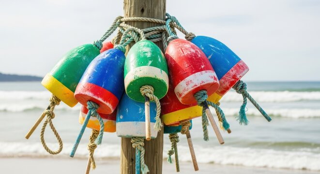 A colorful collection of buoy floats hanging from a wooden pole on a beach.